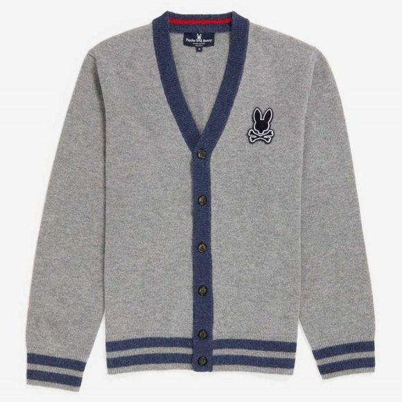 PSYCHO BUNNY Fulton Cardigan Sweater 498, Heather Grey Storm Skull Bunny, Unisex - Picture 1 of 16